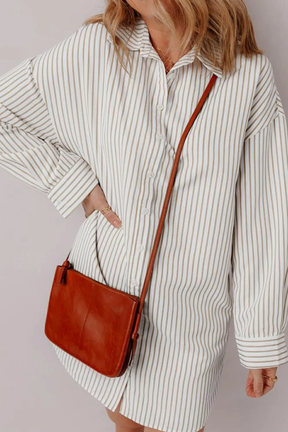 Best Dear-Lover Long Sleeve Button Up Mini Shirt Dress Khaki Stripe