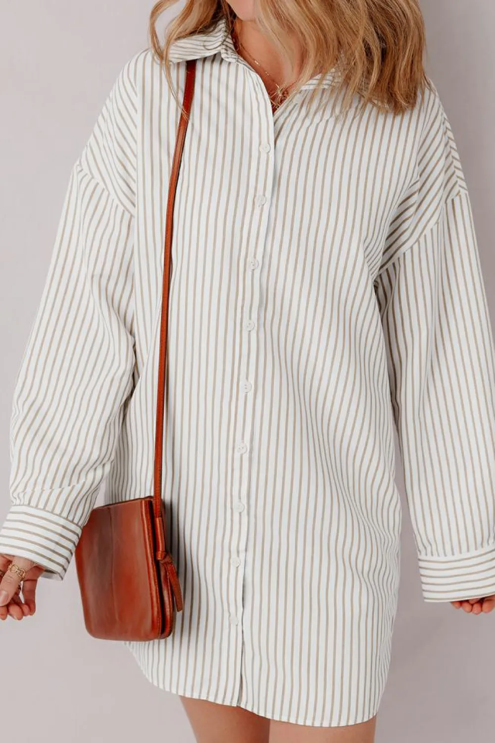 Best Dear-Lover Long Sleeve Button Up Mini Shirt Dress Khaki Stripe