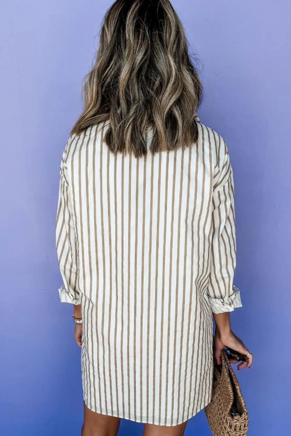 Best Dear-Lover Long Sleeve Button Up Mini Shirt Dress Khaki Stripe