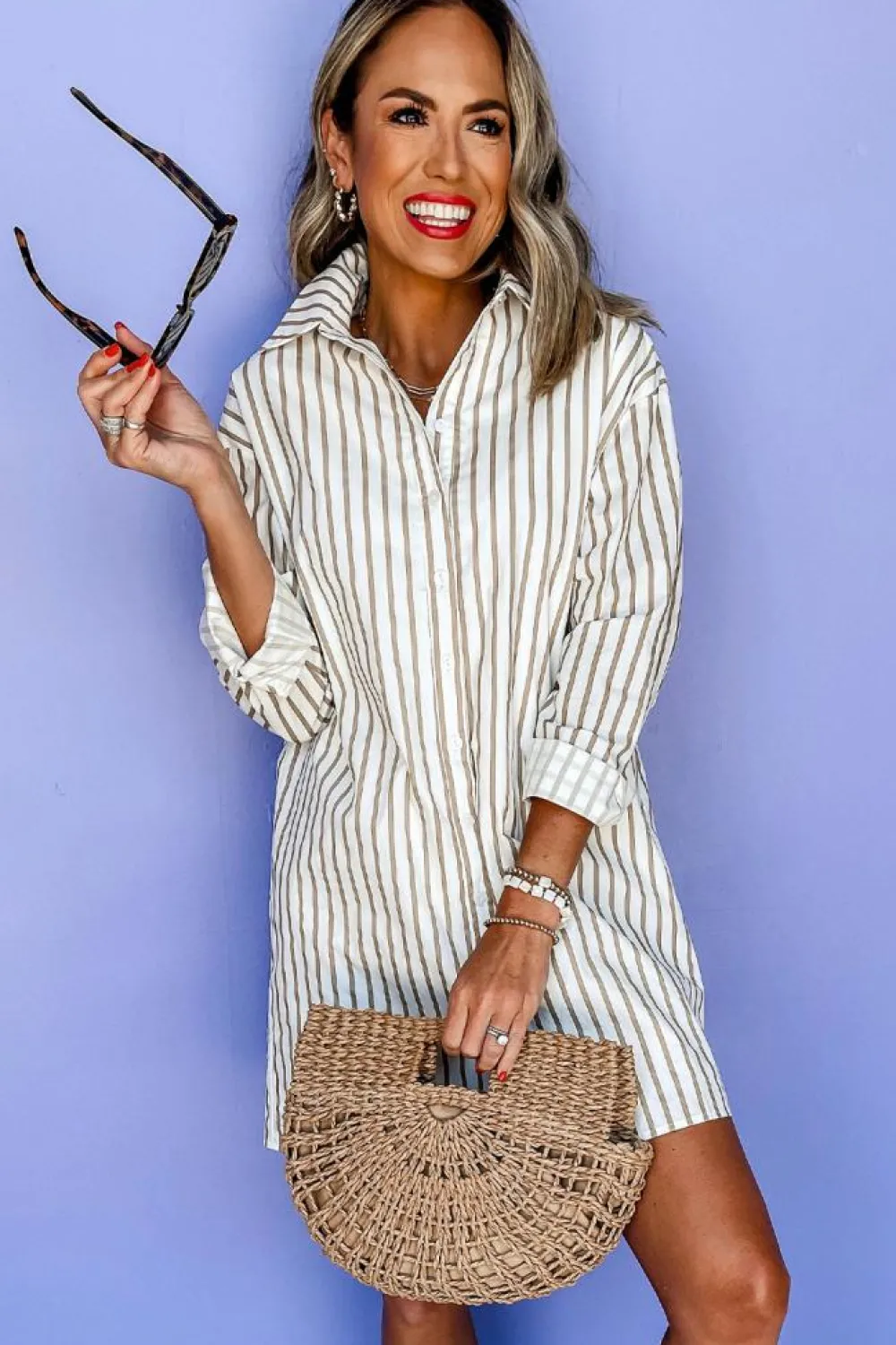Best Dear-Lover Long Sleeve Button Up Mini Shirt Dress Khaki Stripe