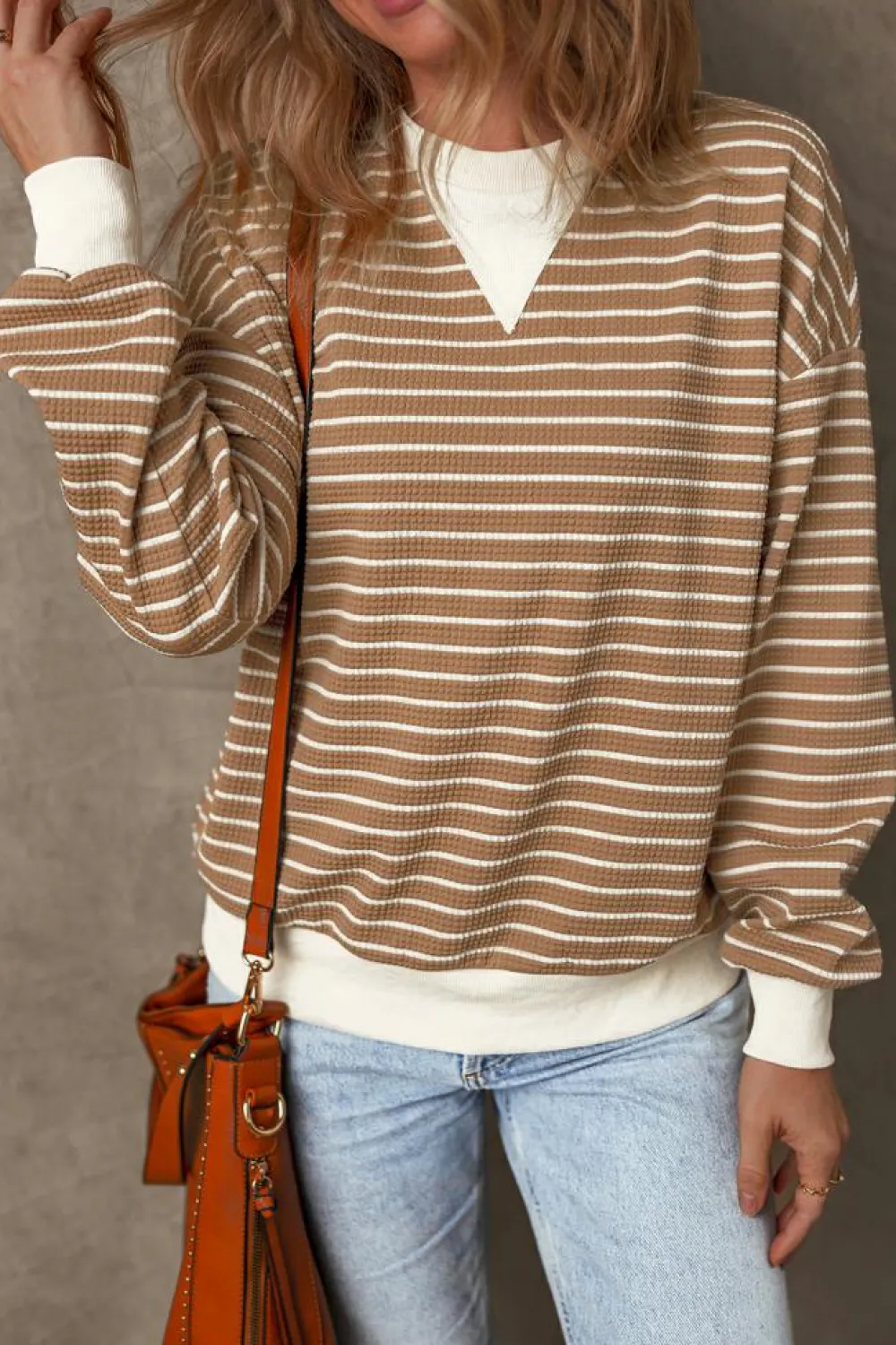 New Dear-Lover Patched Edge Textured Round Neck Long Sleeve Top Khaki Stripe