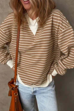 New Dear-Lover Patched Edge Textured Round Neck Long Sleeve Top Khaki Stripe