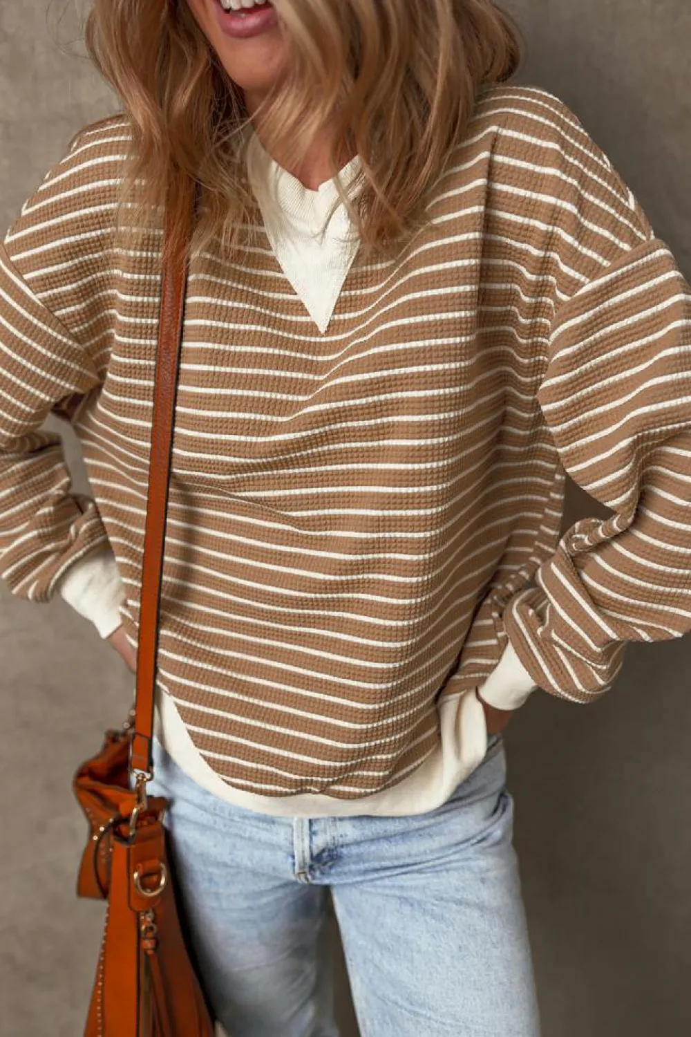New Dear-Lover Patched Edge Textured Round Neck Long Sleeve Top Khaki Stripe