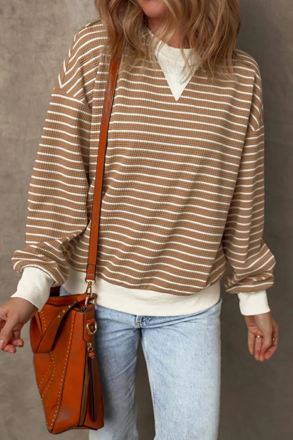 New Dear-Lover Patched Edge Textured Round Neck Long Sleeve Top Khaki Stripe