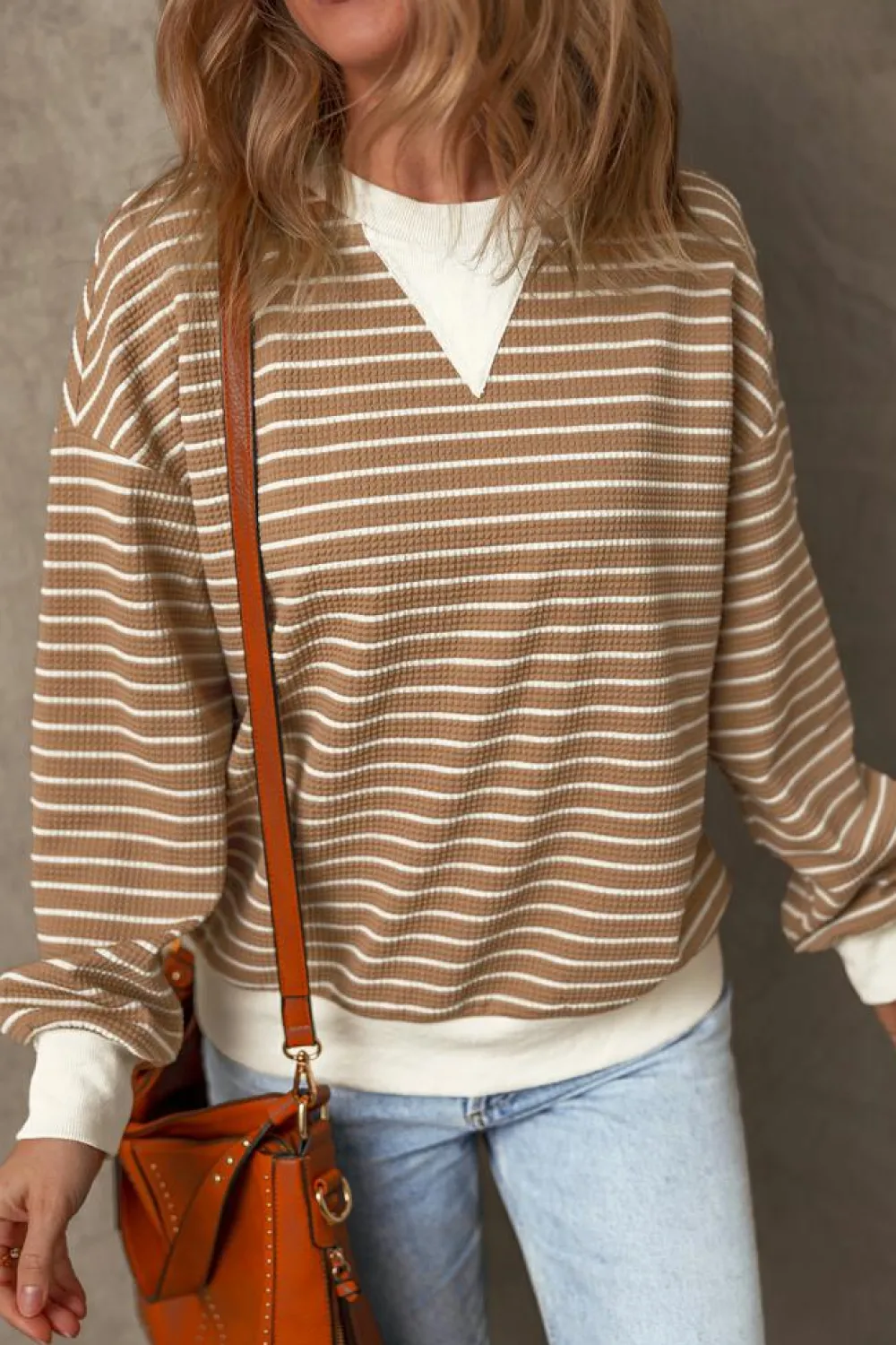 New Dear-Lover Patched Edge Textured Round Neck Long Sleeve Top Khaki Stripe