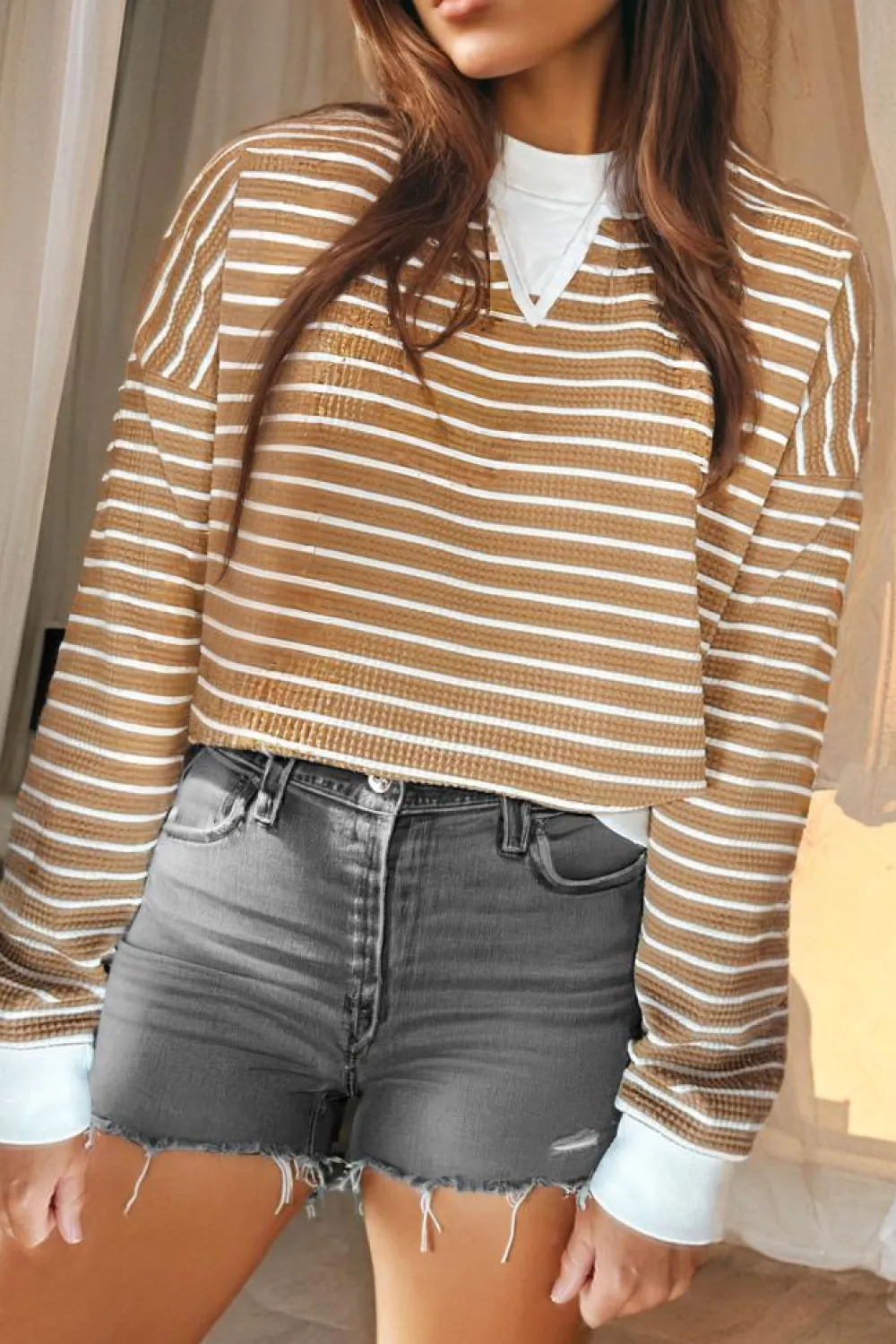 New Dear-Lover Patched Edge Textured Round Neck Long Sleeve Top Khaki Stripe