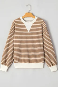 New Dear-Lover Patched Edge Textured Round Neck Long Sleeve Top Khaki Stripe