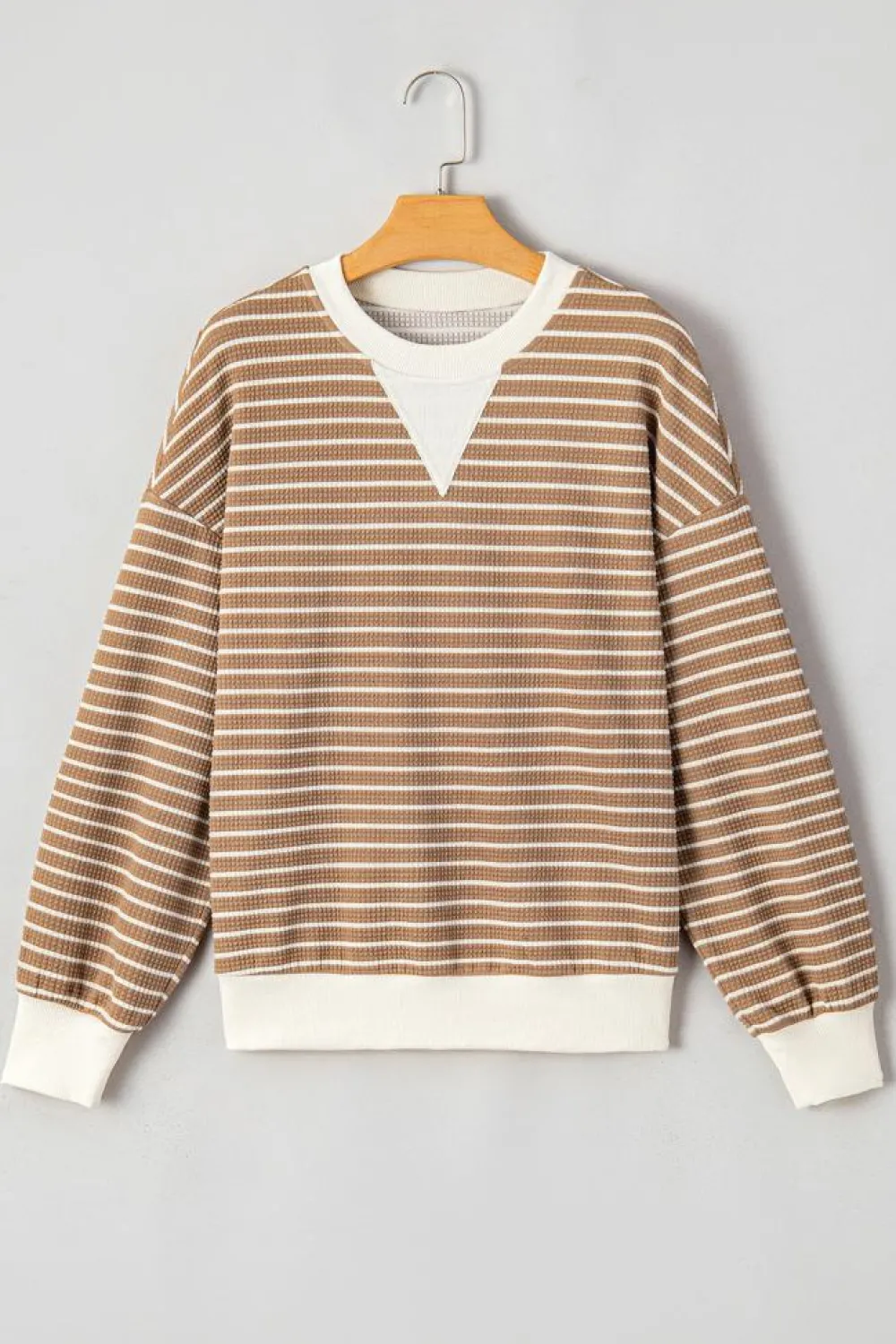 New Dear-Lover Patched Edge Textured Round Neck Long Sleeve Top Khaki Stripe