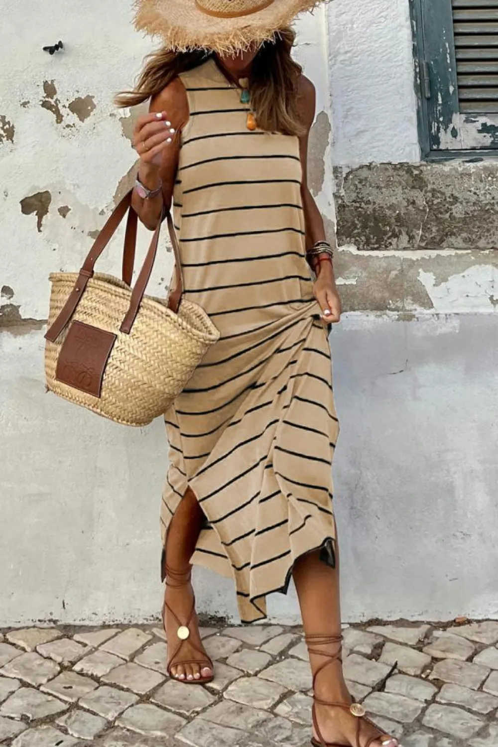 Clearance Dear-Lover Stripe Print Open Back Sleeveless Maxi Dress with Slits Khaki