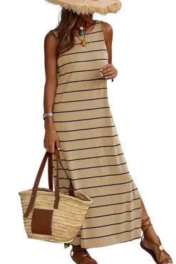 Clearance Dear-Lover Stripe Print Open Back Sleeveless Maxi Dress with Slits Khaki