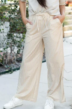 Best Dear-Lover Print Wide Leg Drawstring Pants Khaki Stripe