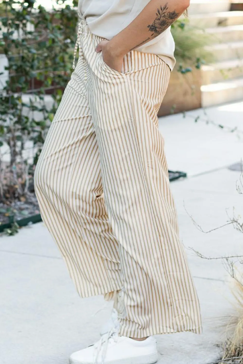 Best Dear-Lover Print Wide Leg Drawstring Pants Khaki Stripe