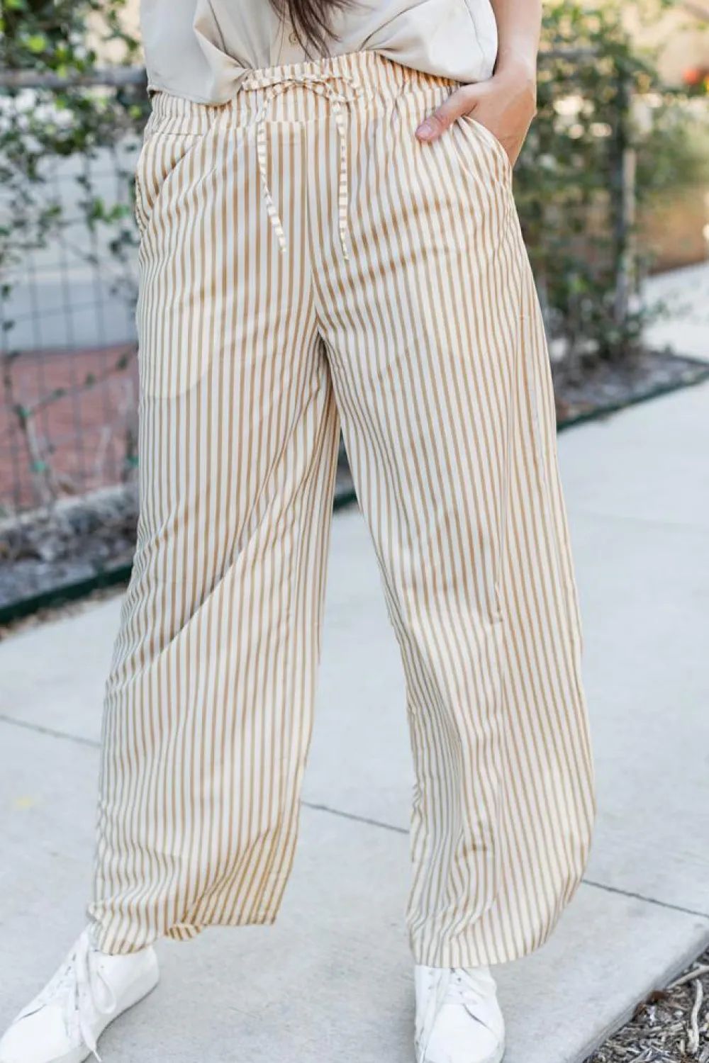 Best Dear-Lover Print Wide Leg Drawstring Pants Khaki Stripe