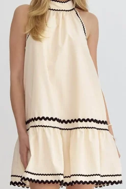 Clearance Dear-Lover Ric Rac Trim Halter A-line Sleeveless Mini Dress Khaki Stripe