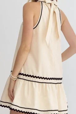 Clearance Dear-Lover Ric Rac Trim Halter A-line Sleeveless Mini Dress Khaki Stripe