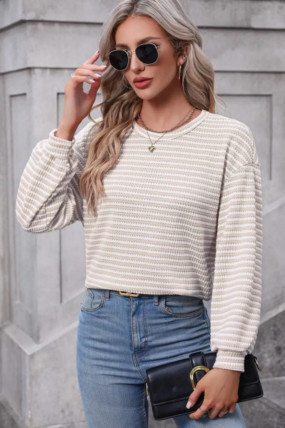 Discount Dear-Lover Round Neck Drop Shoulder Long Sleeve Top Khaki Stripe