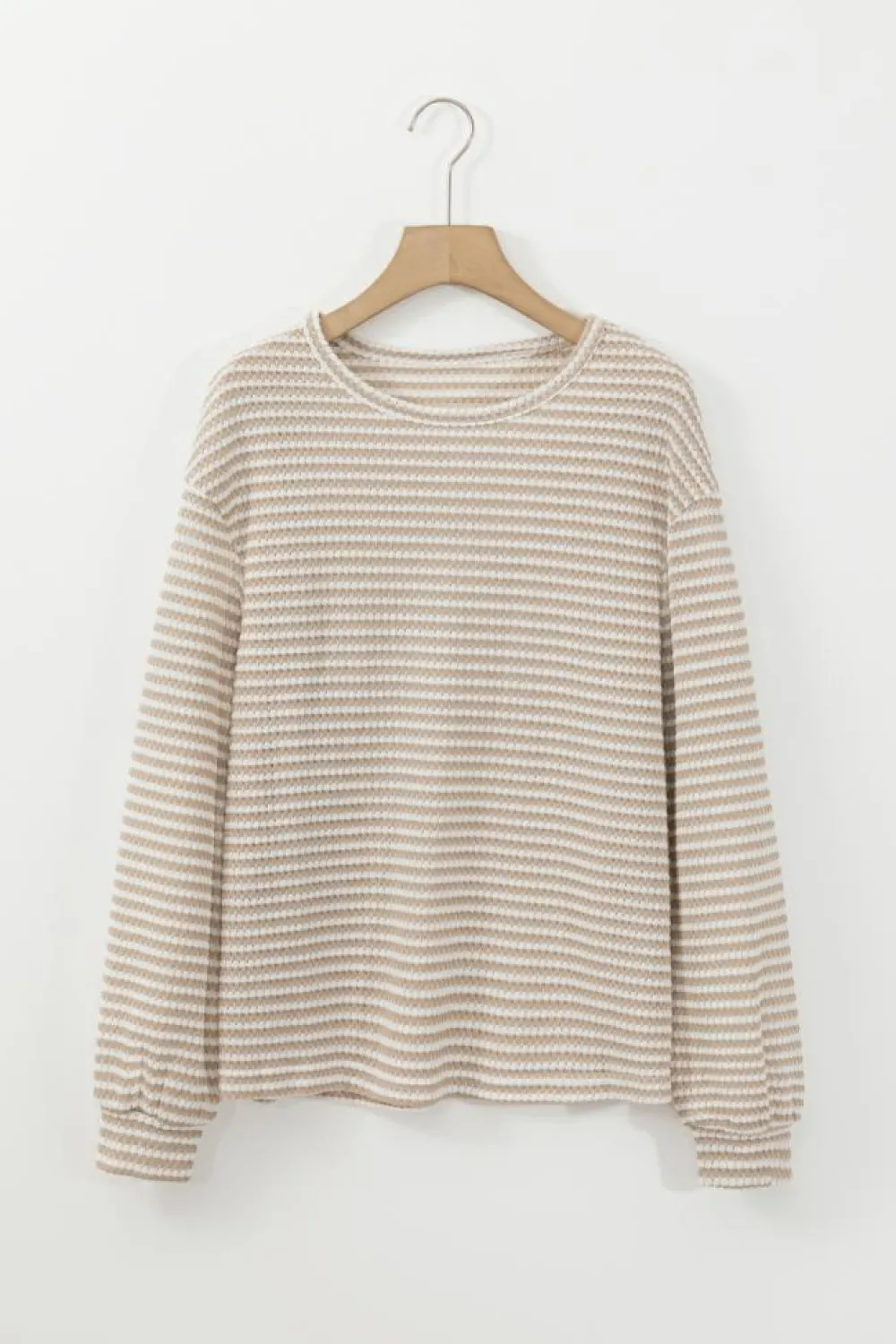 Discount Dear-Lover Round Neck Drop Shoulder Long Sleeve Top Khaki Stripe