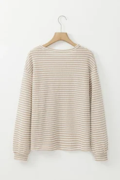 Discount Dear-Lover Round Neck Drop Shoulder Long Sleeve Top Khaki Stripe