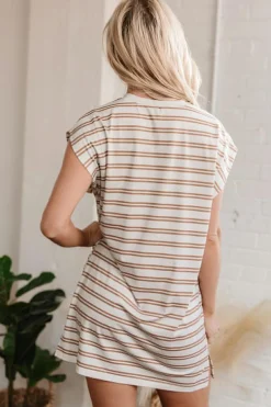Online Dear-Lover Round Neck Sleeveless Casual Pocketed Mini Dress Khaki Stripe