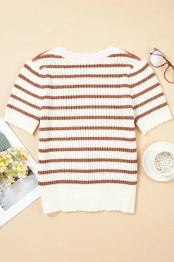 Online Dear-Lover Scalloped Round Neck Short Sleeve Sweater Khaki Stripe