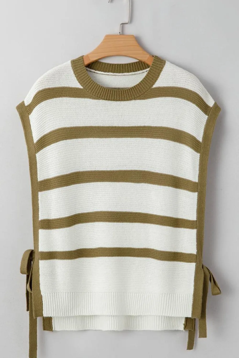 Sale Dear-Lover Tie Open Side Sweater Knitted Top Khaki Stripe
