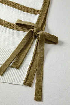 Sale Dear-Lover Tie Open Side Sweater Knitted Top Khaki Stripe