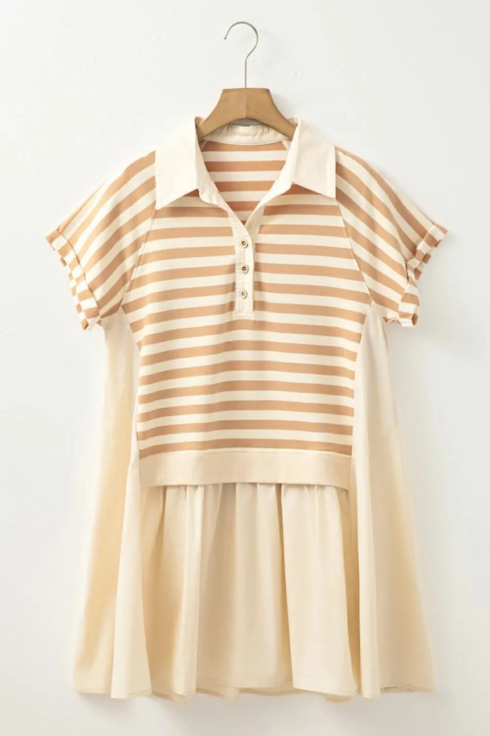New Dear-Lover Two-in-one Collared Cap Sleeve Patchwork Loose Mini Dress Khaki Stripe