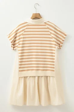 New Dear-Lover Two-in-one Collared Cap Sleeve Patchwork Loose Mini Dress Khaki Stripe