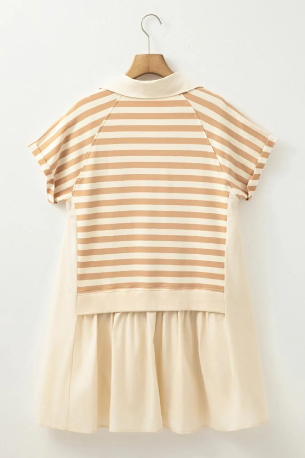 New Dear-Lover Two-in-one Collared Cap Sleeve Patchwork Loose Mini Dress Khaki Stripe