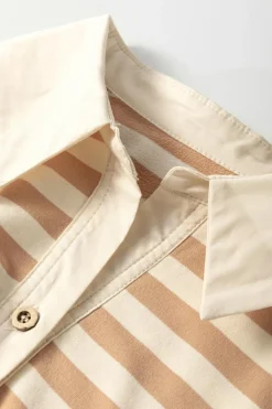 New Dear-Lover Two-in-one Collared Cap Sleeve Patchwork Loose Mini Dress Khaki Stripe