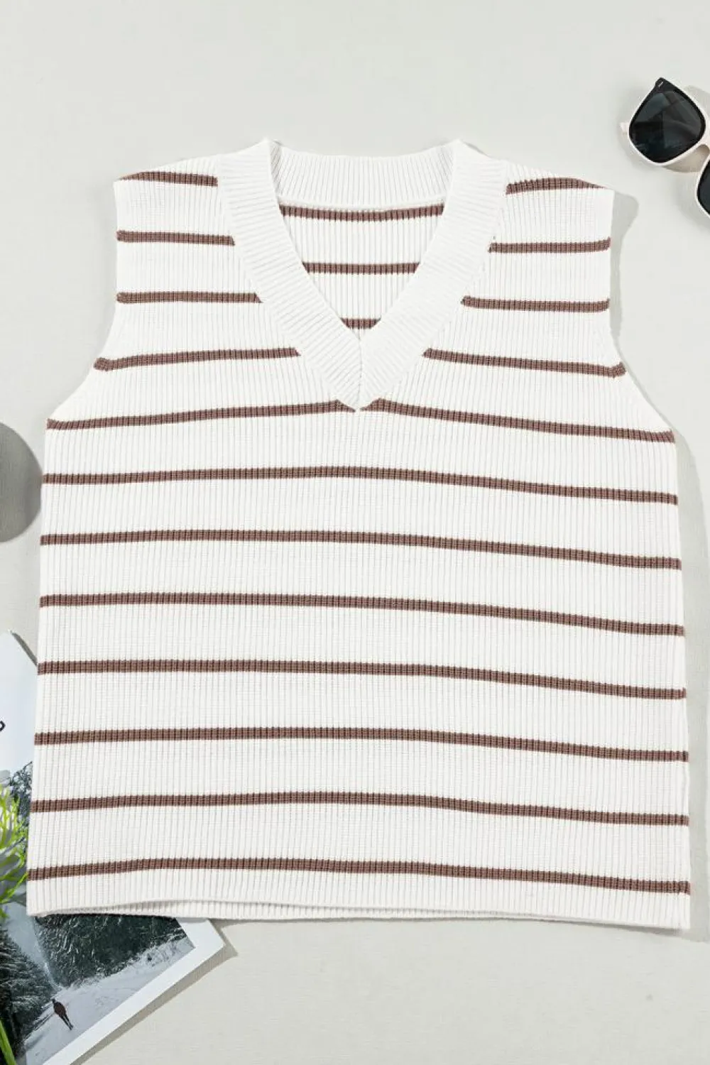 Online Dear-Lover V Neck Knitted Loose Sweater Vest Khaki Stripe