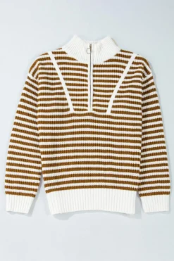 New Dear-Lover Zip up Collar Drop Shoulder Sweater Khaki Stripe