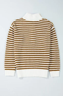 New Dear-Lover Zip up Collar Drop Shoulder Sweater Khaki Stripe