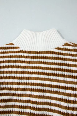 New Dear-Lover Zip up Collar Drop Shoulder Sweater Khaki Stripe