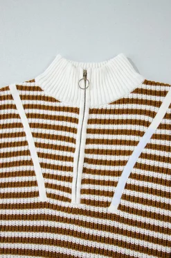 New Dear-Lover Zip up Collar Drop Shoulder Sweater Khaki Stripe