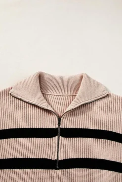 Fashion Dear-Lover Zipped Collar Short Sleeve Sweater Khaki Stripe