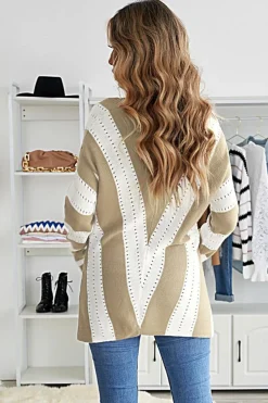 Online Dear-Lover Striped Colorblock V Neck Knitted Sweater Khaki