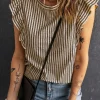 Fashion Dear-Lover Striped Crew Neck Ruffled Tank Top Khaki