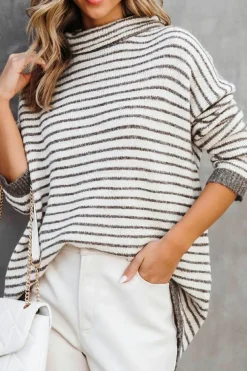 Fashion Dear-Lover Striped Turtleneck Loose Sweater Khaki