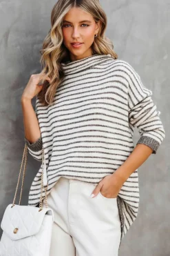 Fashion Dear-Lover Striped Turtleneck Loose Sweater Khaki