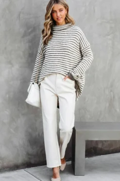 Fashion Dear-Lover Striped Turtleneck Loose Sweater Khaki