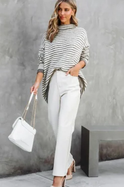 Fashion Dear-Lover Striped Turtleneck Loose Sweater Khaki