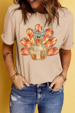 Fashion Dear-Lover Thanksgiving Bowknot Turkey Graphic Crewneck Tee Khaki