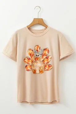 Fashion Dear-Lover Thanksgiving Bowknot Turkey Graphic Crewneck Tee Khaki