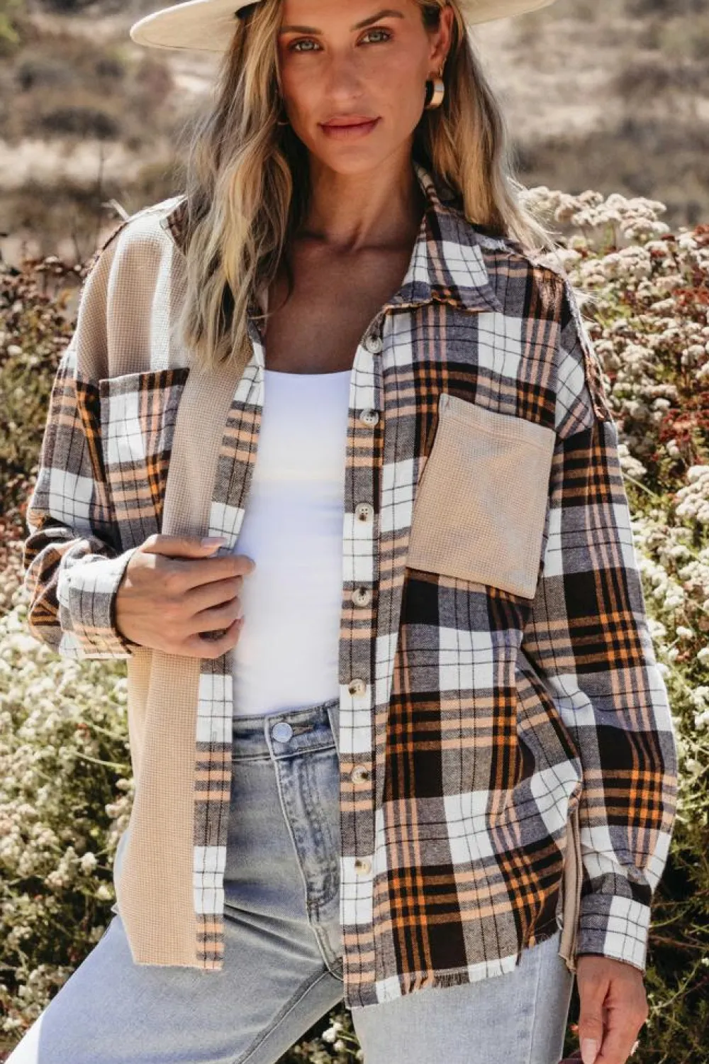 New Dear-Lover Thermal Knit Plaid Patchwork Shacket Khaki