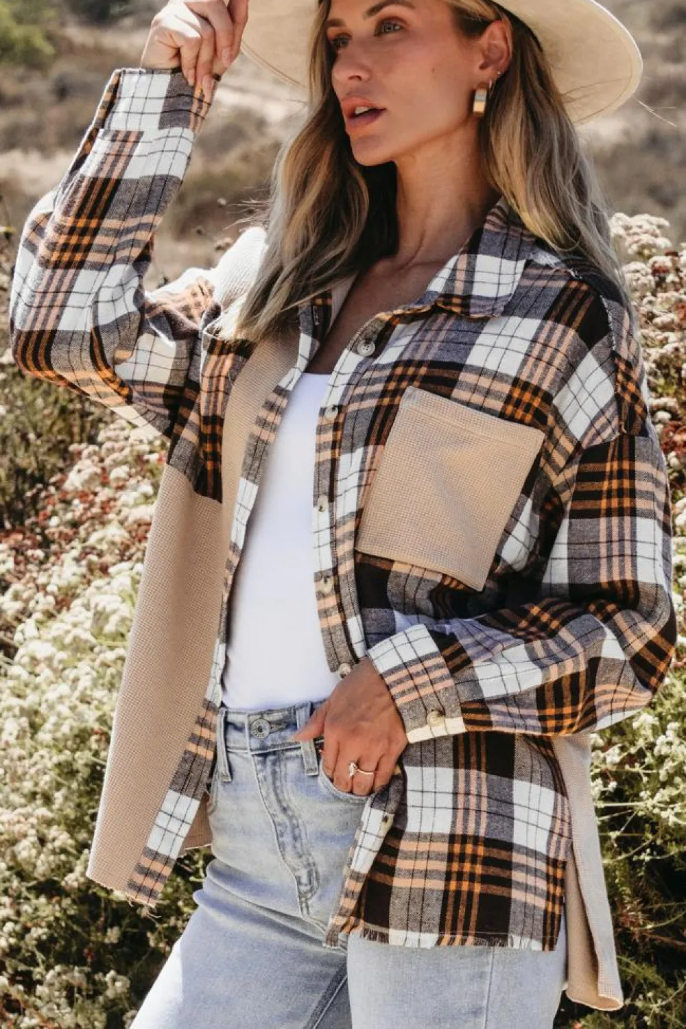 New Dear-Lover Thermal Knit Plaid Patchwork Shacket Khaki