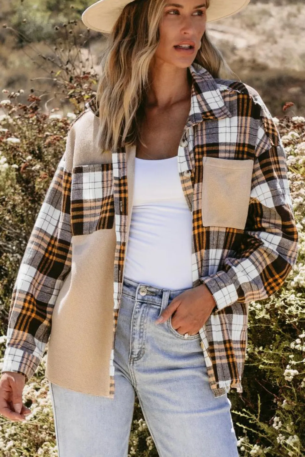 New Dear-Lover Thermal Knit Plaid Patchwork Shacket Khaki