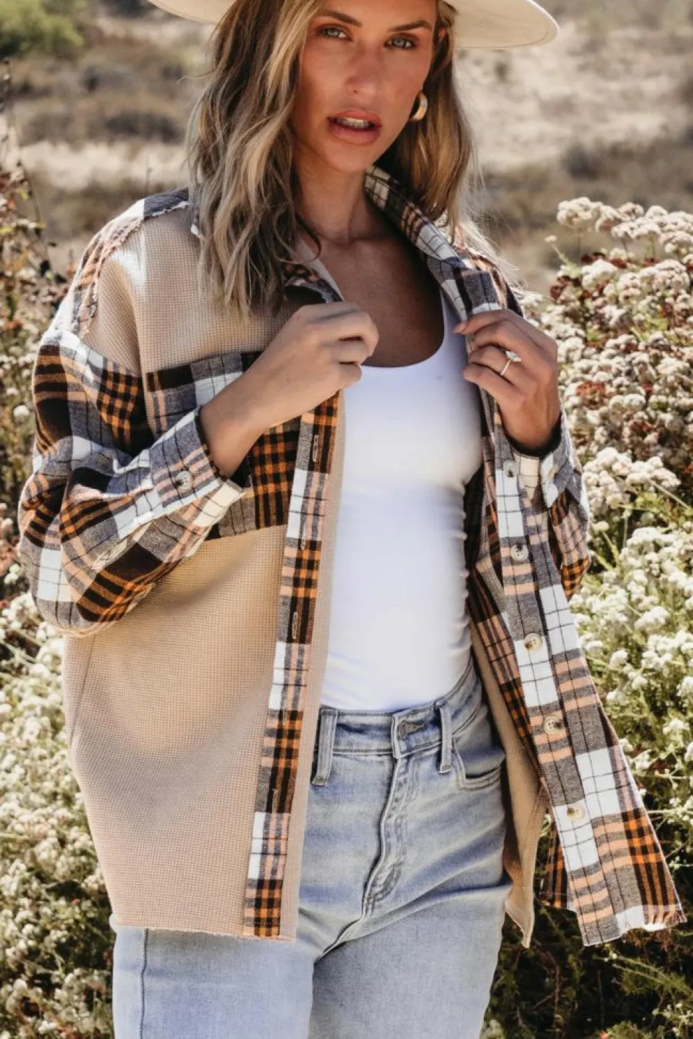 New Dear-Lover Thermal Knit Plaid Patchwork Shacket Khaki