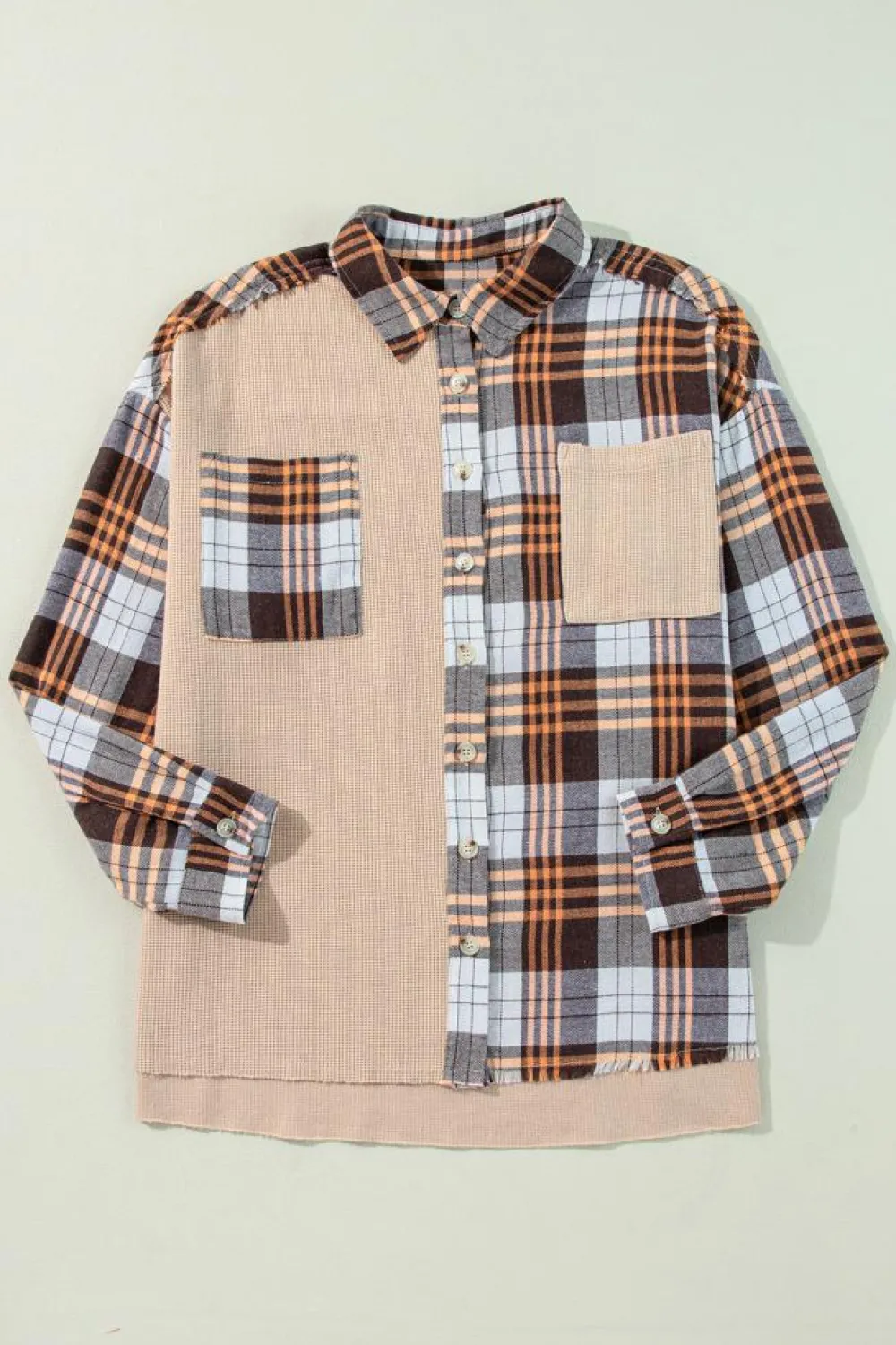 New Dear-Lover Thermal Knit Plaid Patchwork Shacket Khaki