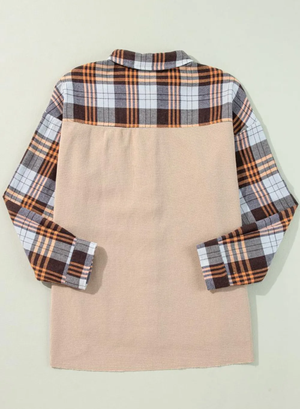 New Dear-Lover Thermal Knit Plaid Patchwork Shacket Khaki